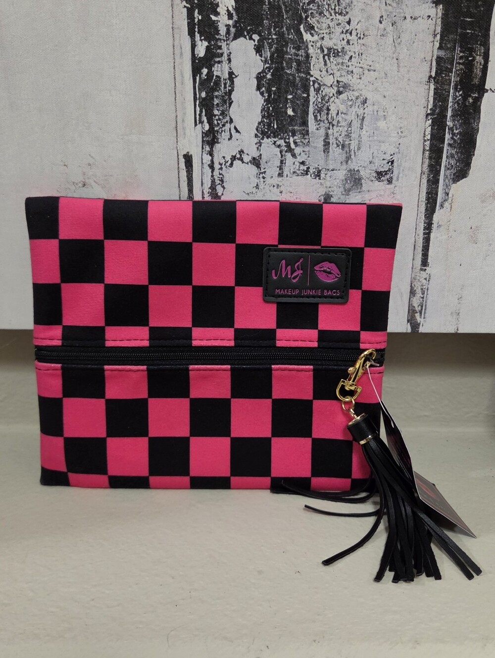 Makeup Junkie Bags Pink & Black Checker Cosmetic Clutch-  Small NEW